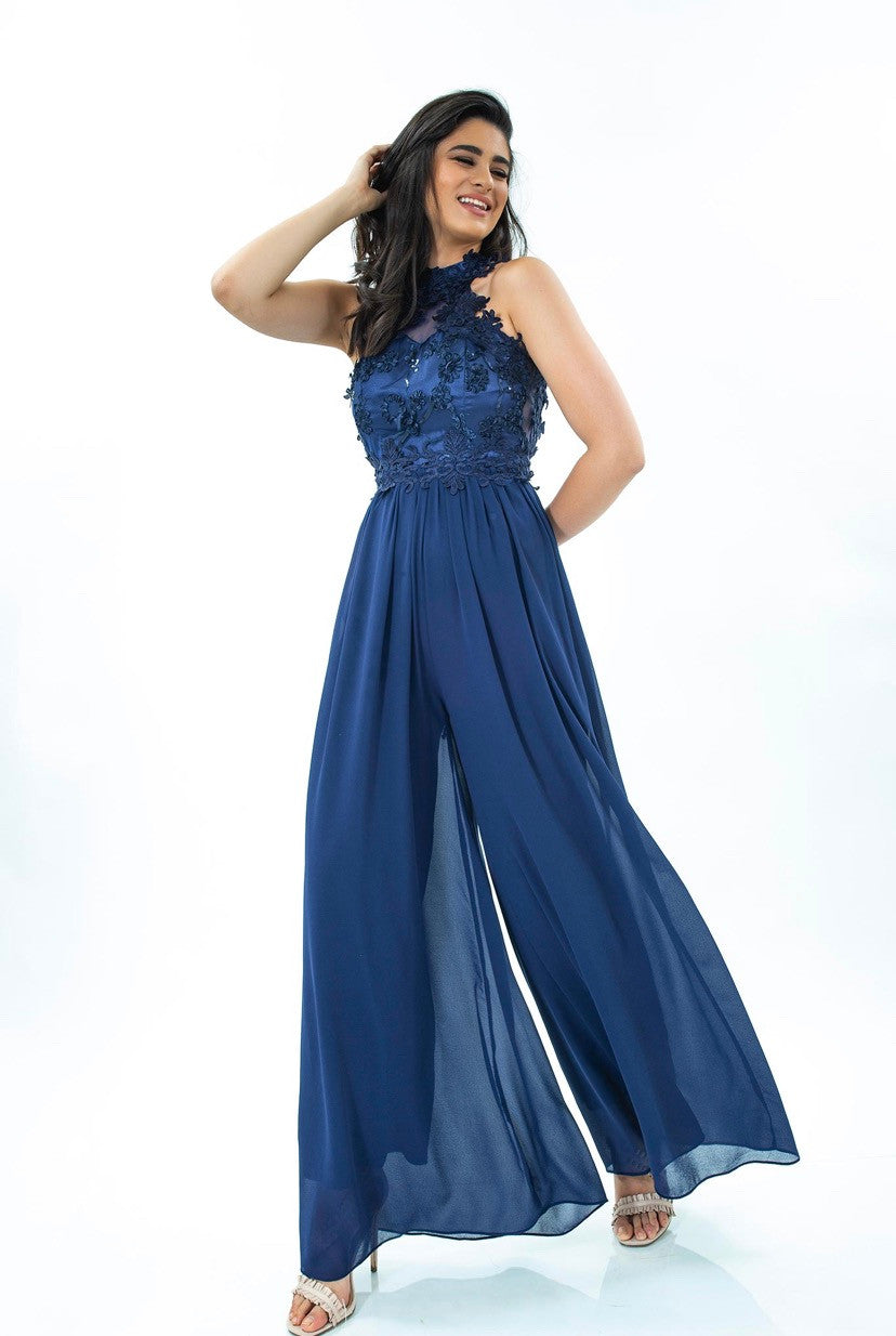 Heavy Blu Jumpsuit with lace &amp; Open Back-0