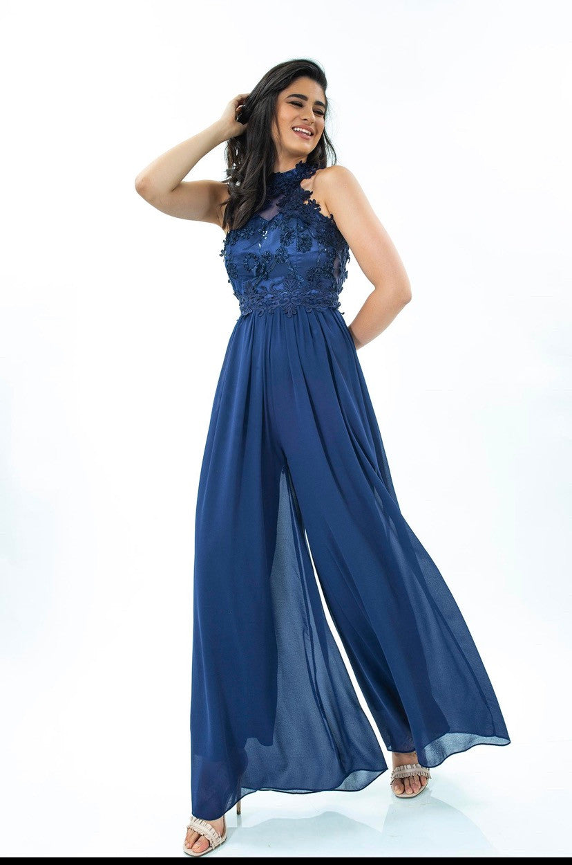 Heavy Blu Jumpsuit with lace &amp; Open Back-3
