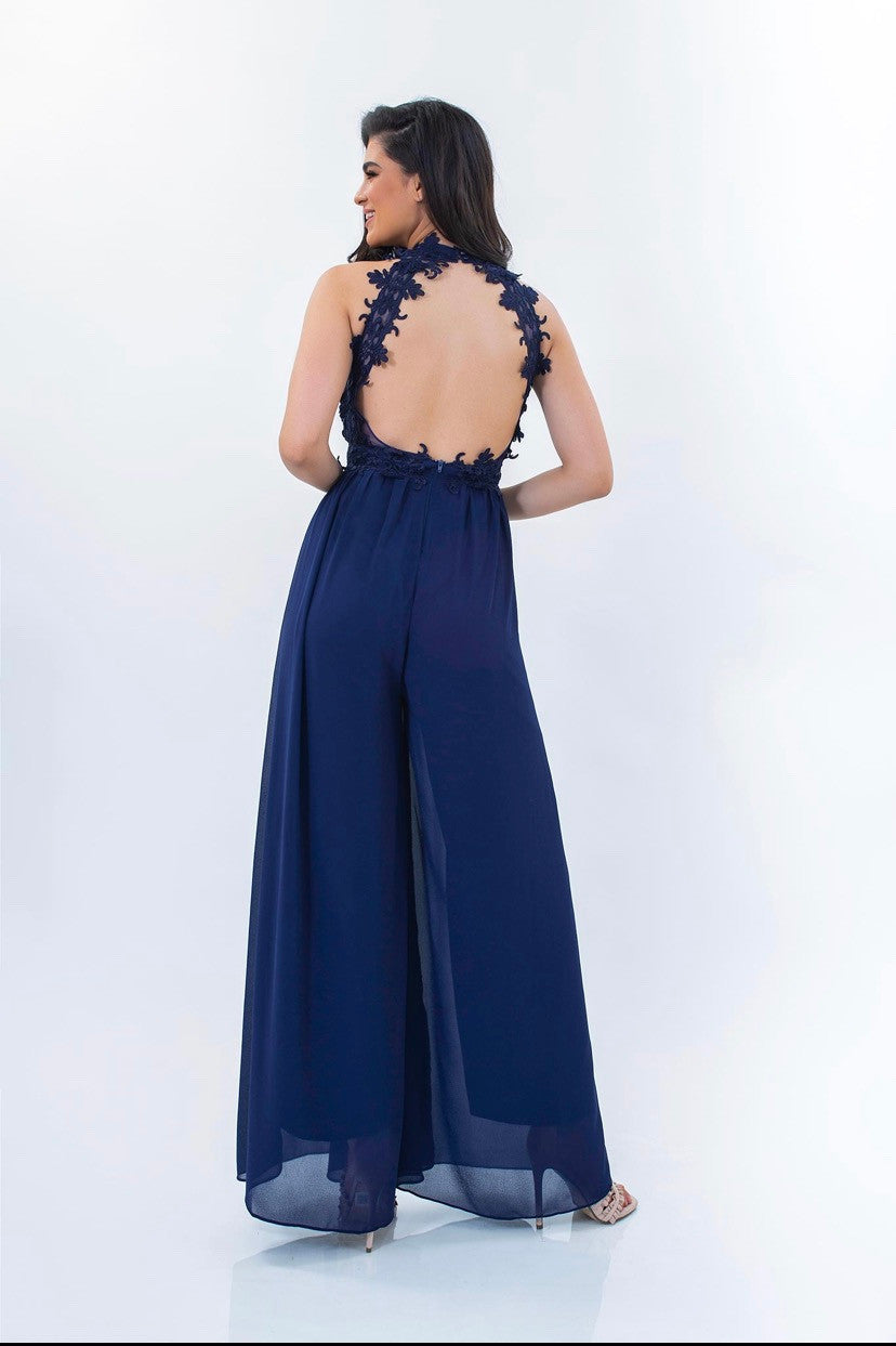 Heavy Blu Jumpsuit with lace &amp; Open Back-1