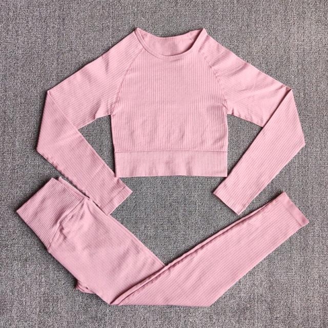 Conjunto Yoga Seamless para Mujer – 3 o 5 Piezas con Legging, Bra y Top Manga Larga o Corta