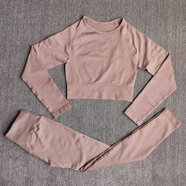 Conjunto Yoga Seamless para Mujer – 3 o 5 Piezas con Legging, Bra y Top Manga Larga o Corta