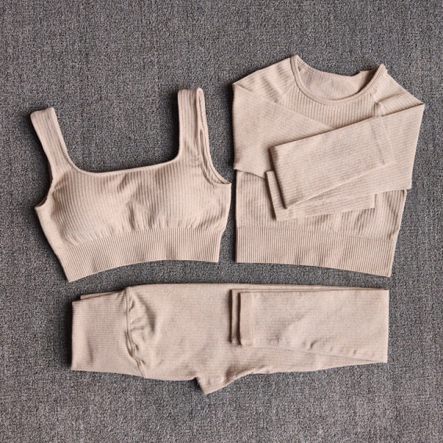 Conjunto Yoga Seamless para Mujer – 3 o 5 Piezas con Legging, Bra y Top Manga Larga o Corta