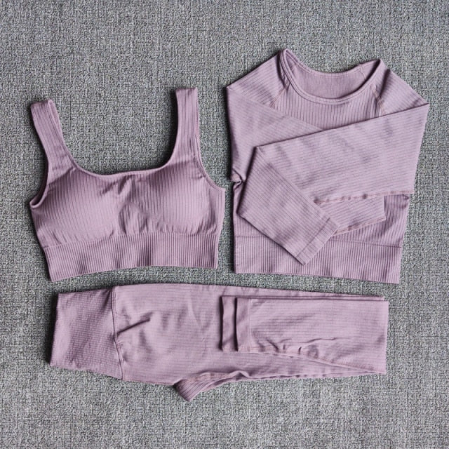 Conjunto Yoga Seamless para Mujer – 3 o 5 Piezas con Legging, Bra y Top Manga Larga o Corta