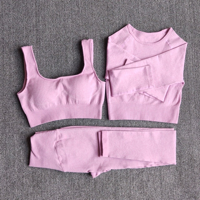 Conjunto Yoga Seamless para Mujer – 3 o 5 Piezas con Legging, Bra y Top Manga Larga o Corta