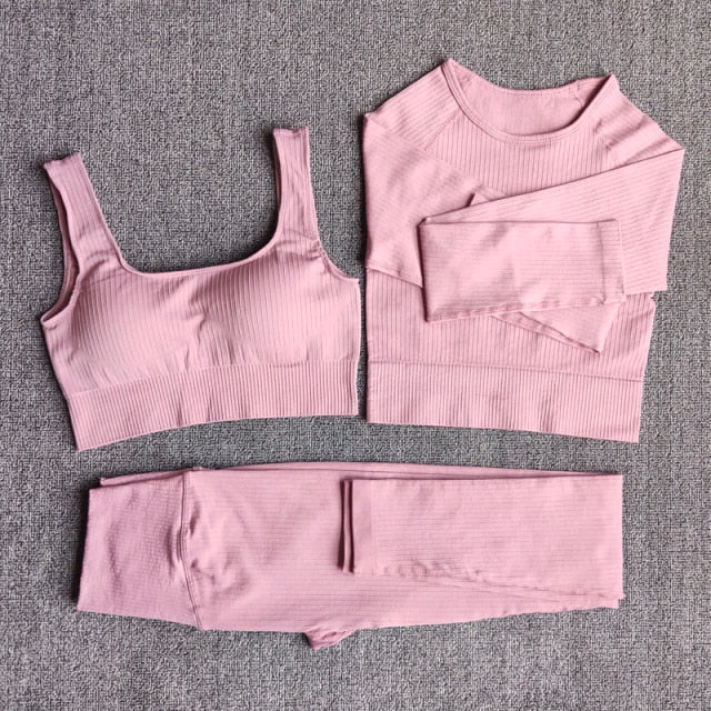 Conjunto Yoga Seamless para Mujer – 3 o 5 Piezas con Legging, Bra y Top Manga Larga o Corta