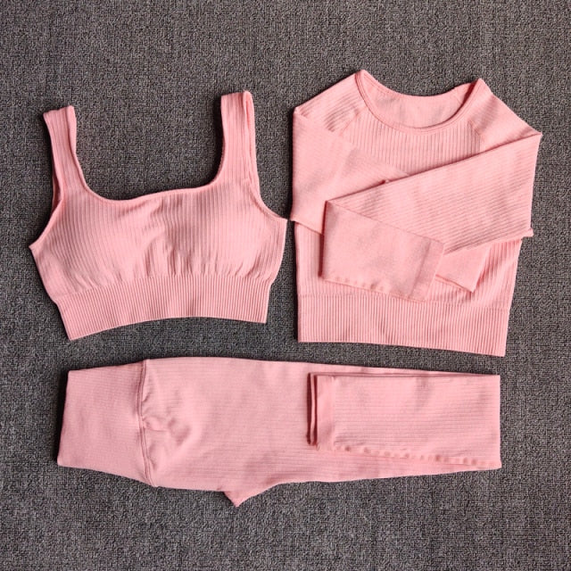 Conjunto Yoga Seamless para Mujer – 3 o 5 Piezas con Legging, Bra y Top Manga Larga o Corta