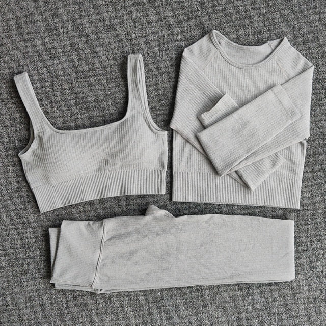 Conjunto Yoga Seamless para Mujer – 3 o 5 Piezas con Legging, Bra y Top Manga Larga o Corta