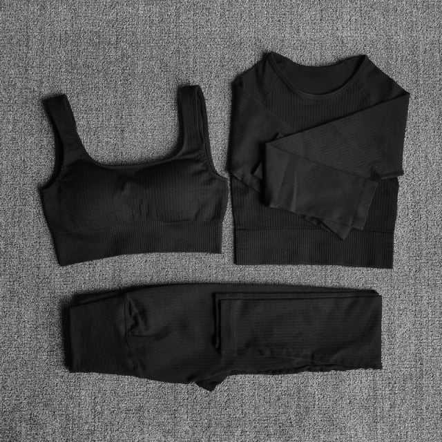 Conjunto Yoga Seamless para Mujer – 3 o 5 Piezas con Legging, Bra y Top Manga Larga o Corta