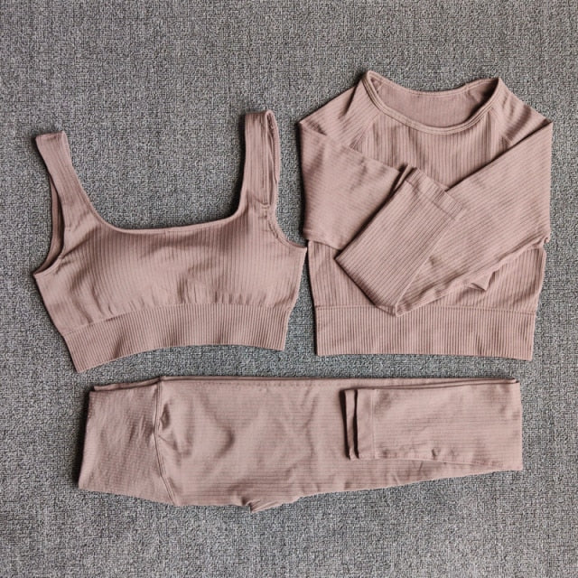 Conjunto Yoga Seamless para Mujer – 3 o 5 Piezas con Legging, Bra y Top Manga Larga o Corta