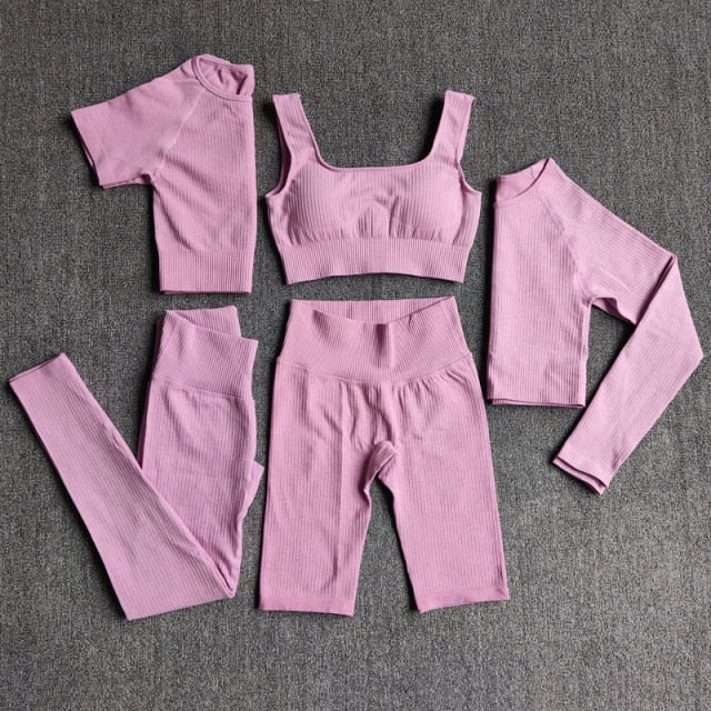 Conjunto Yoga Seamless para Mujer – 3 o 5 Piezas con Legging, Bra y Top Manga Larga o Corta