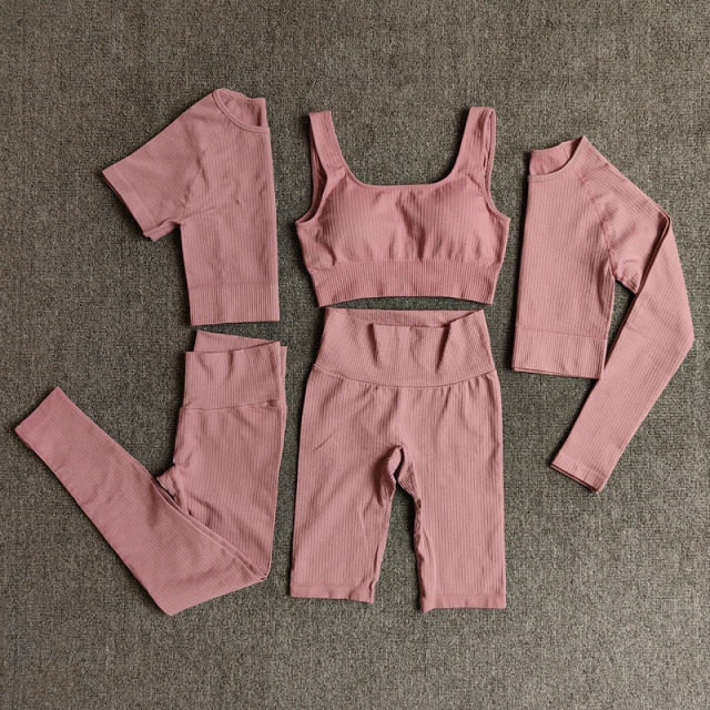 Conjunto Yoga Seamless para Mujer – 3 o 5 Piezas con Legging, Bra y Top Manga Larga o Corta