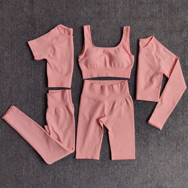 Conjunto Yoga Seamless para Mujer – 3 o 5 Piezas con Legging, Bra y Top Manga Larga o Corta