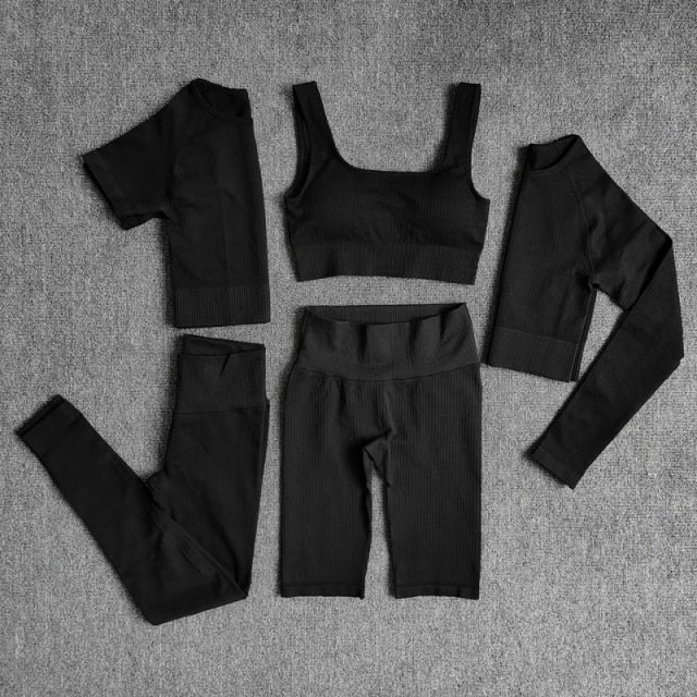 Conjunto Yoga Seamless para Mujer – 3 o 5 Piezas con Legging, Bra y Top Manga Larga o Corta