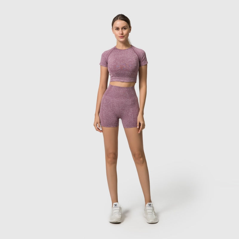 Conjunto Yoga Seamless para Mujer – 2, 3 o 5 Piezas con Crop Top Manga Larga, Corta o Sin Mangas y Leggings