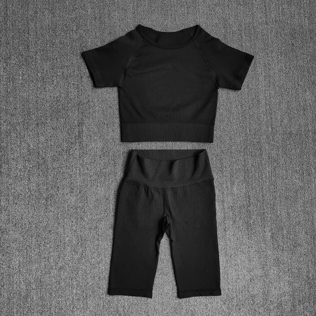 Conjunto Yoga Seamless 2 Piezas para Mujer – Crop Top Manga Corta y Shorts Cintura Alta
