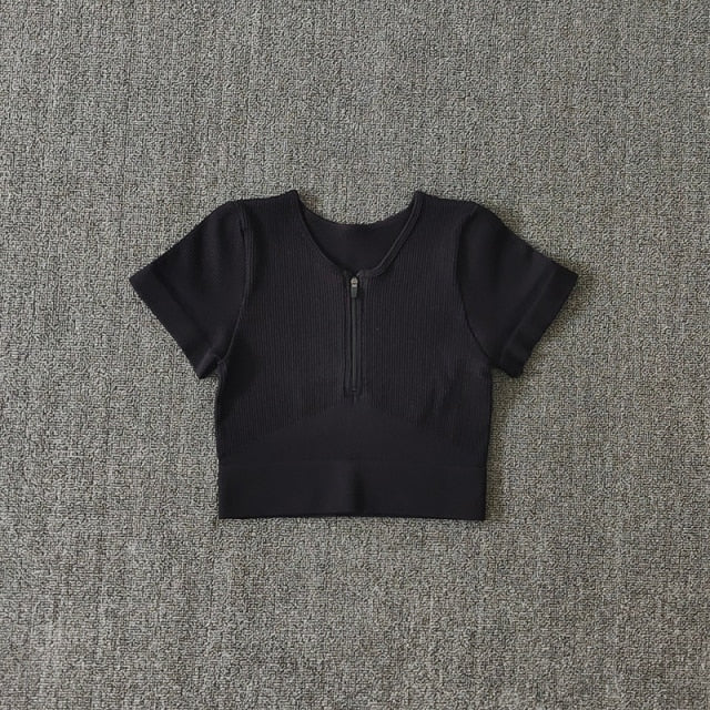 Crop Top Yoga Seamless con Cremallera para Mujer – Manga Corta, Transpirable y Secado Rápido