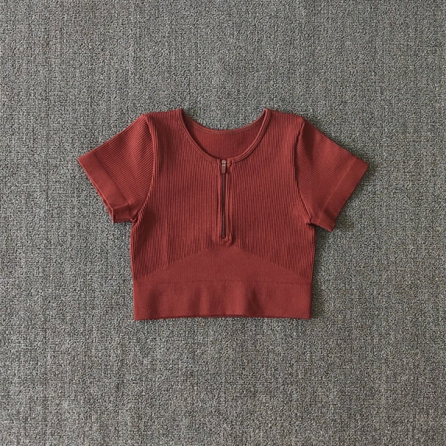 Crop Top Yoga Seamless con Cremallera para Mujer – Manga Corta, Transpirable y Secado Rápido