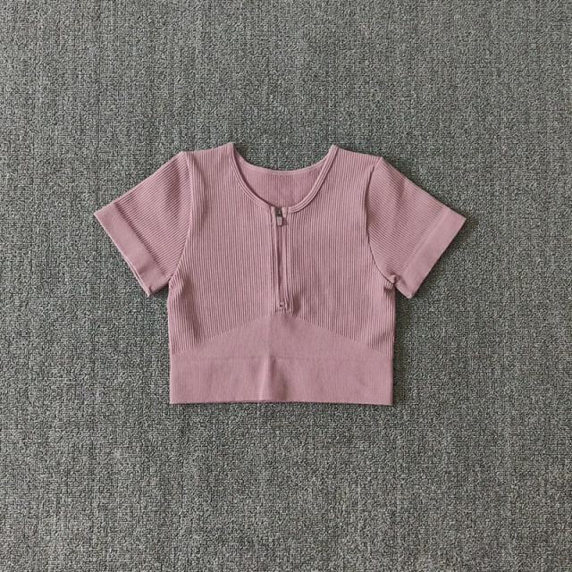 Crop Top Yoga Seamless con Cremallera para Mujer – Manga Corta, Transpirable y Secado Rápido