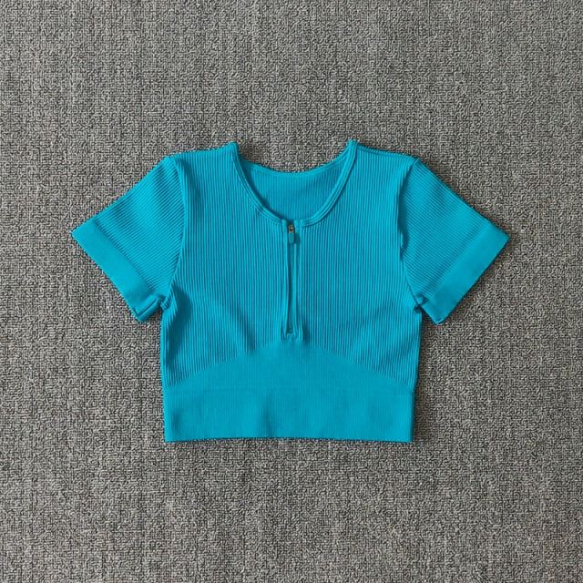 Crop Top Yoga Seamless con Cremallera para Mujer – Manga Corta, Transpirable y Secado Rápido