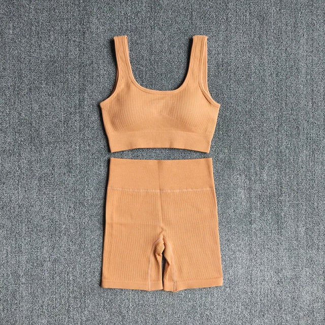 Conjunto Yoga 2 Piezas para Mujer – Sujetador Deportivo + Shorts Seamless, Transpirable