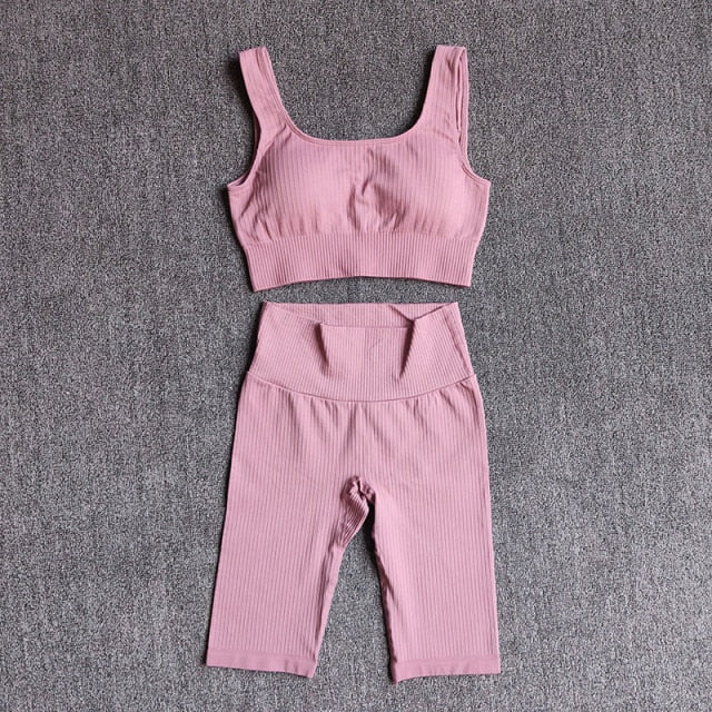 Conjunto Yoga Seamless 2 Piezas para Mujer – Sujetador Deportivo + Shorts, Fitness y Gym