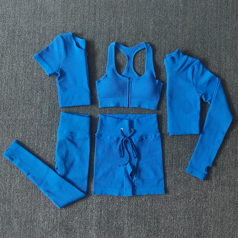 Conjunto Yoga Seamless para Mujer – Cremallera, Manga Larga, Leggings Cintura Alta y Bra Deportivo