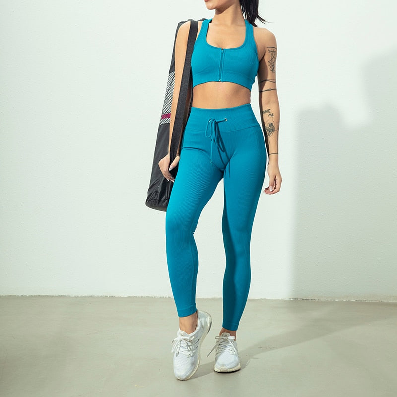Conjunto Yoga Seamless para Mujer – Cremallera, Manga Larga, Leggings Cintura Alta y Bra Deportivo