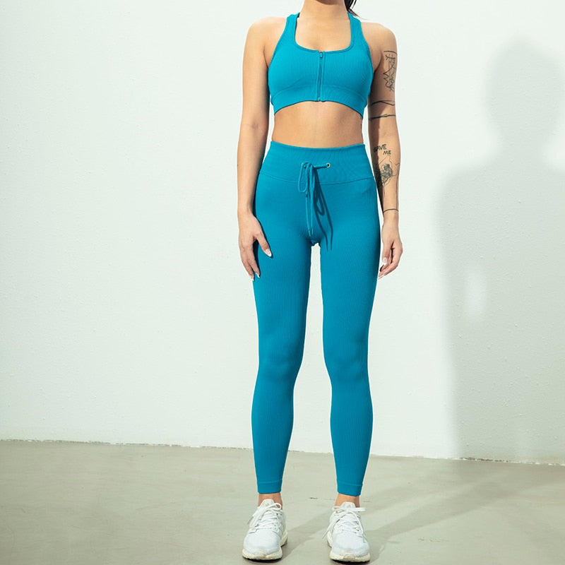 Conjunto Yoga Seamless para Mujer – Cremallera, Manga Larga, Leggings Cintura Alta y Bra Deportivo