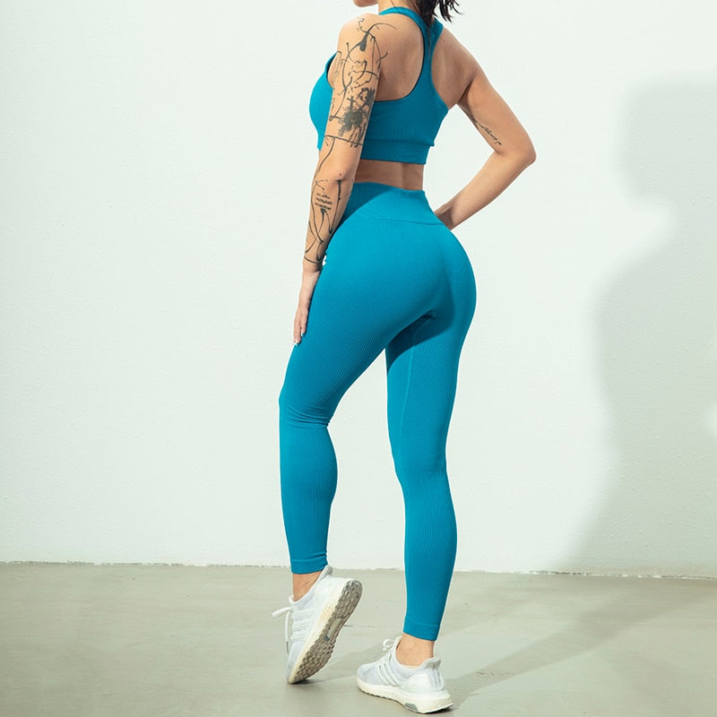 Conjunto Yoga Seamless para Mujer – Cremallera, Manga Larga, Leggings Cintura Alta y Bra Deportivo