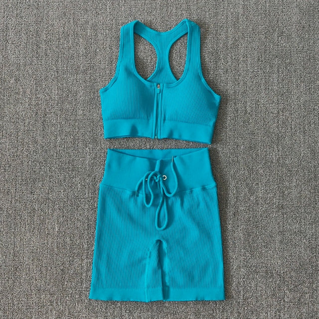 Conjunto Yoga Seamless para Mujer – Cremallera, Manga Larga, Leggings Cintura Alta y Bra Deportivo