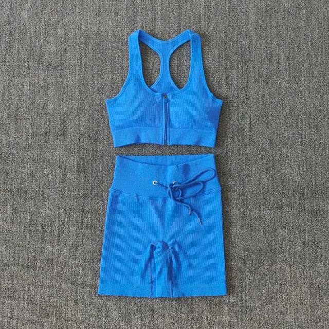 Conjunto Yoga Seamless para Mujer – Cremallera, Manga Larga, Leggings Cintura Alta y Bra Deportivo