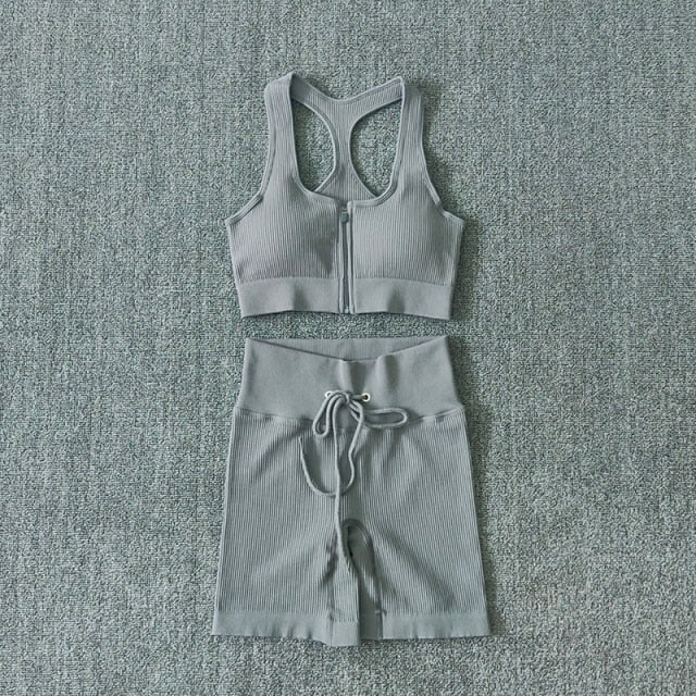 Conjunto Yoga Seamless para Mujer – Cremallera, Manga Larga, Leggings Cintura Alta y Bra Deportivo