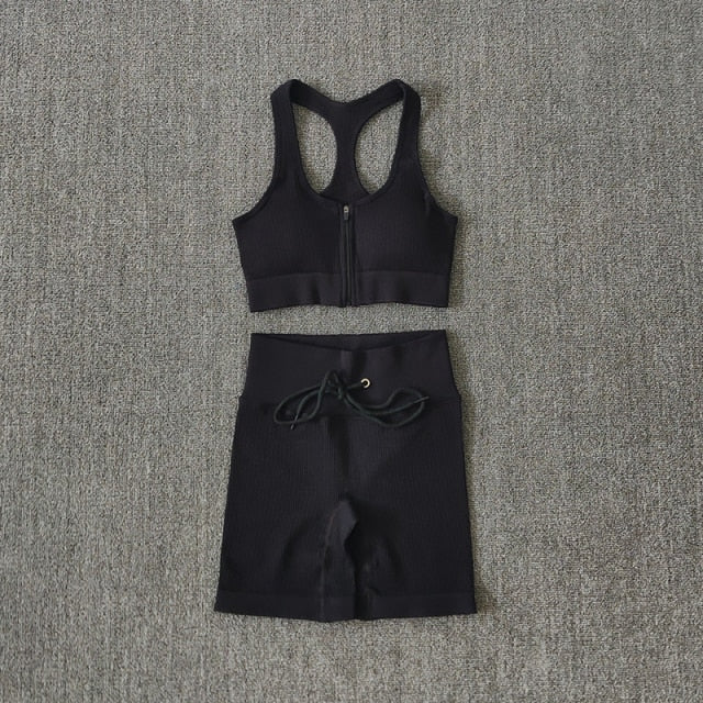 Conjunto Yoga Seamless para Mujer – Cremallera, Manga Larga, Leggings Cintura Alta y Bra Deportivo