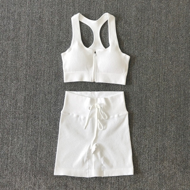 Conjunto Yoga Seamless para Mujer – Cremallera, Manga Larga, Leggings Cintura Alta y Bra Deportivo