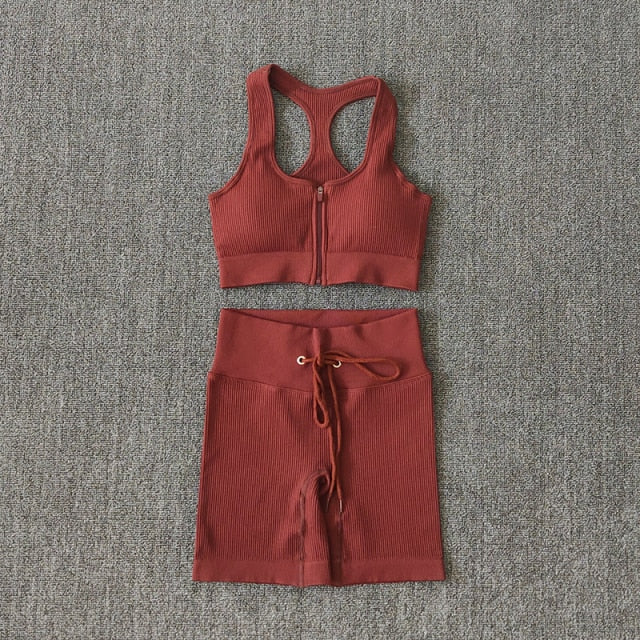 Conjunto Yoga Seamless para Mujer – Cremallera, Manga Larga, Leggings Cintura Alta y Bra Deportivo