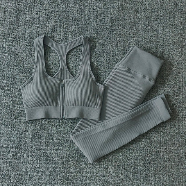 Conjunto Yoga Seamless para Mujer – Cremallera, Manga Larga, Leggings Cintura Alta y Bra Deportivo