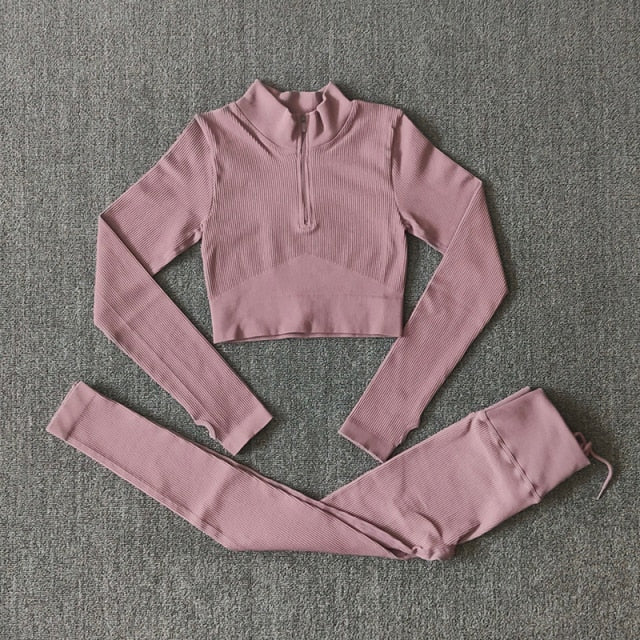 Conjunto Yoga Seamless para Mujer – Cremallera, Manga Larga, Leggings Cintura Alta y Bra Deportivo