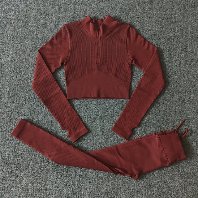 Conjunto Yoga Seamless para Mujer – Cremallera, Manga Larga, Leggings Cintura Alta y Bra Deportivo