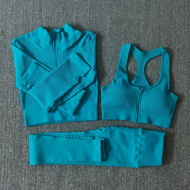 Conjunto Yoga Seamless para Mujer – Cremallera, Manga Larga, Leggings Cintura Alta y Bra Deportivo