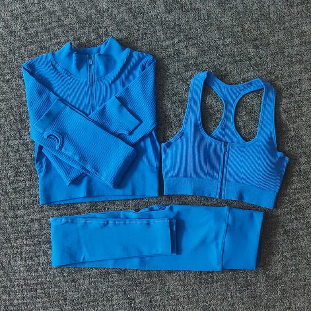Conjunto Yoga Seamless para Mujer – Cremallera, Manga Larga, Leggings Cintura Alta y Bra Deportivo