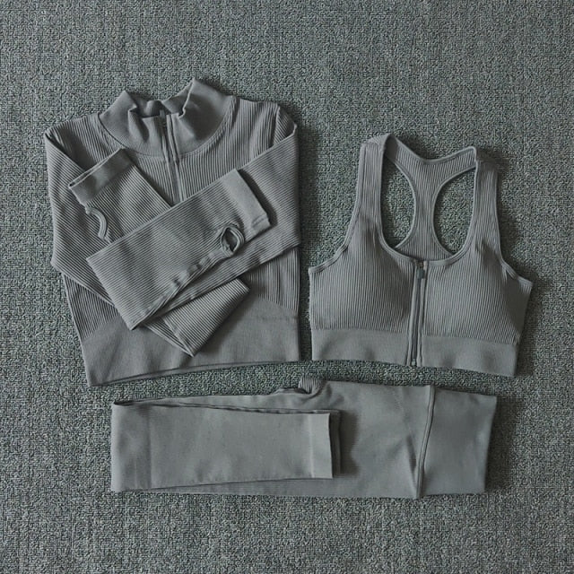Conjunto Yoga Seamless para Mujer – Cremallera, Manga Larga, Leggings Cintura Alta y Bra Deportivo