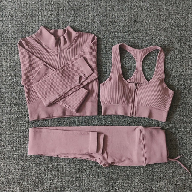 Conjunto Yoga Seamless para Mujer – Cremallera, Manga Larga, Leggings Cintura Alta y Bra Deportivo