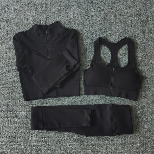 Conjunto Yoga Seamless para Mujer – Cremallera, Manga Larga, Leggings Cintura Alta y Bra Deportivo