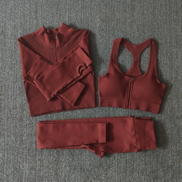 Conjunto Yoga Seamless para Mujer – Cremallera, Manga Larga, Leggings Cintura Alta y Bra Deportivo