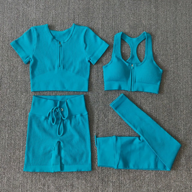 Conjunto Yoga Seamless para Mujer – Cremallera, Manga Larga, Leggings Cintura Alta y Bra Deportivo