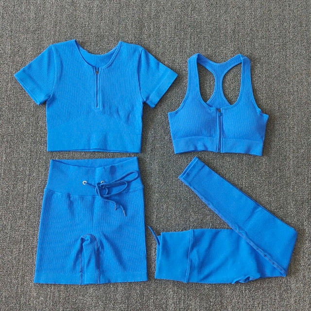 Conjunto Yoga Seamless para Mujer – Cremallera, Manga Larga, Leggings Cintura Alta y Bra Deportivo