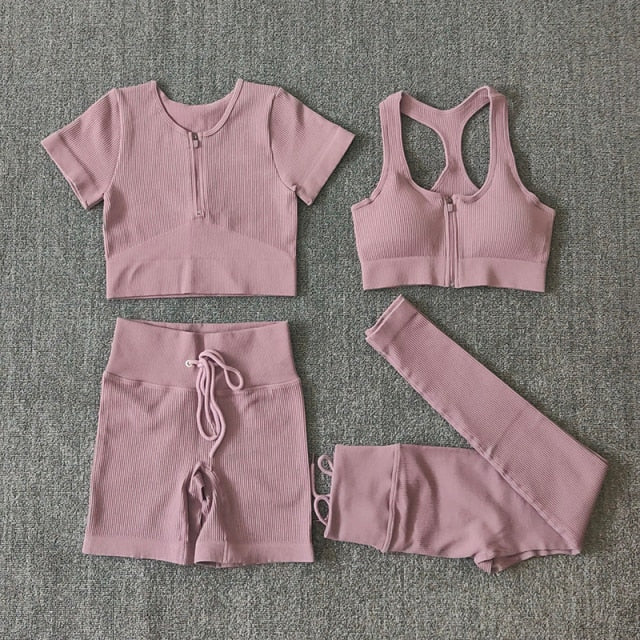 Conjunto Yoga Seamless para Mujer – Cremallera, Manga Larga, Leggings Cintura Alta y Bra Deportivo