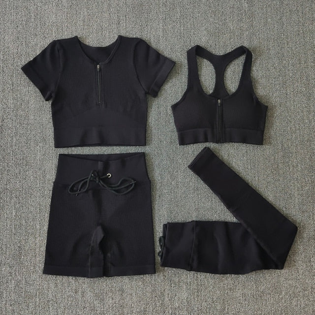 Conjunto Yoga Seamless para Mujer – Cremallera, Manga Larga, Leggings Cintura Alta y Bra Deportivo