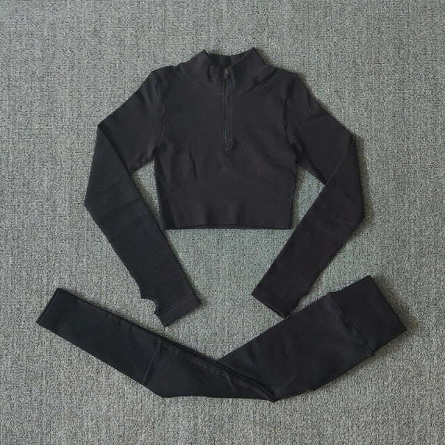 Conjunto Yoga Seamless para Mujer – Cremallera, Manga Larga, Leggings Cintura Alta y Bra Deportivo