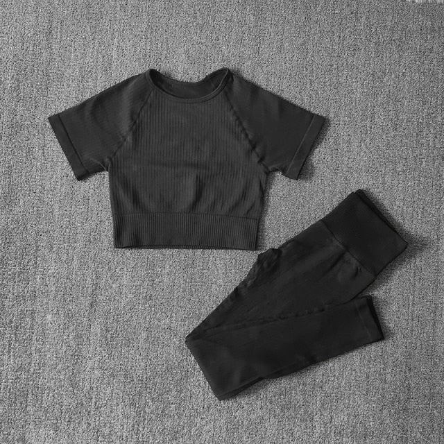 Conjunto Yoga Seamless para Mujer – Crop Top Manga Corta y Leggings Deportivos